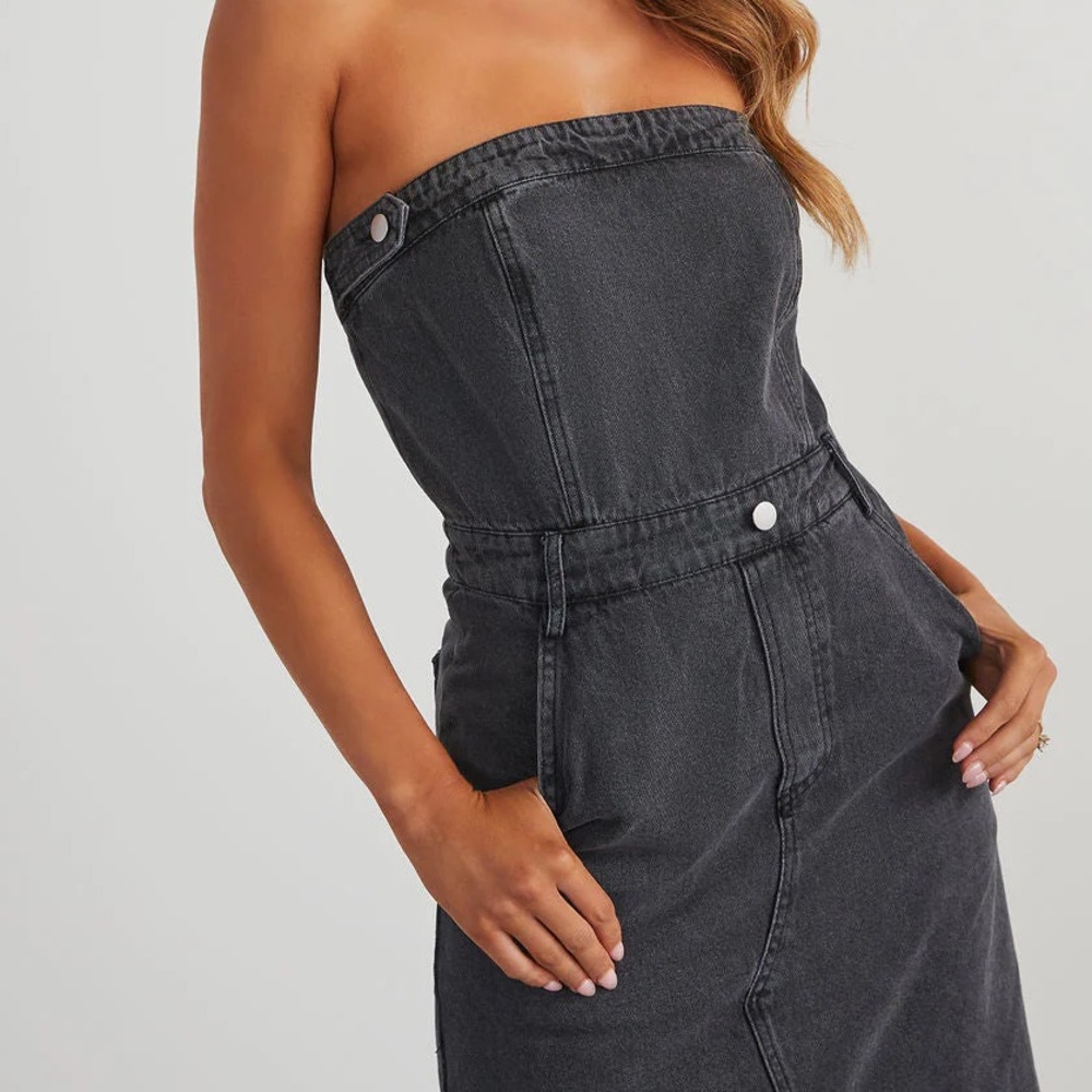 NWT!! Vintage Black Tube Denim Detailed Front Slit Midi Dress🤠 - Picture 8 of 12